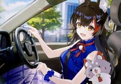  1girl :3 ;3 animal_ear_fluff animal_ears artist_request black_hair blue_shirt bow bowtie breasts car car_interior commentary_request hair_ornament highres hololive long_hair motor_vehicle one_eye_closed ookami_mio red_bow red_bowtie red_hair red_ribbon ribbon shirt small_breasts solo steering_wheel tree virtual_youtuber wolf_ears wolf_girl yellow_eyes 