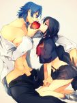  1boy 1girl a229 apple bare_legs black_hair blue_eyes blue_hair blush eye_contact food fruit highlights highres kill_la_kill kneeling looking_at_another matoi_ryuuko midriff mikisugi_aikurou miniskirt navel open_clothes open_fly open_shirt pleated_skirt seductive_smile shirt skirt suspenders unbuckled_belt unzipped 