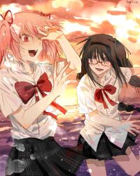  2girls aayoii_00 akemi_homura beach black_hair black_headband black_skirt bow bowtie braid collared_shirt commentary duplicate hair_ribbon happy headband highres kaname_madoka laughing mahou_shoujo_madoka_magica mahou_shoujo_madoka_magica_(anime) mitakihara_school_uniform multiple_girls ocean pink_eyes pink_hair red-framed_eyewear red_bow red_bowtie red_ribbon ribbon school_uniform semi-rimless_eyewear shirt skirt splashing sunset teeth tongue twin_braids violet_eyes white_shirt yuri 