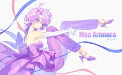  arimura_mao breasts commentary dress earrings flower gakuen_idolmaster gloves high_heels highres idolmaster jewelry looking_at_viewer necklace olys one_eye_closed pants pink_hair purple_dress ribbon short_hair sideboob sugar_flavor_(idolmaster) untranslatable_commentary violet_eyes white_gloves 