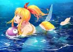  1girl bikini blonde_hair dolphin fish kanotuki long_hair lying marin on_stomach partially_submerged ponytail swimsuit umi_monogatari yellow_eyes 