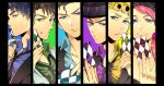  1girl 5boys black_hair blonde_hair blue_eyes brown_hair card column_lineup family formal giorno_giovanna green_eyes higashikata_jousuke highres isaka jojo_no_kimyou_na_bouken jonathan_joestar joseph_joestar_(young) kuujou_jolyne kuujou_joutarou multiple_boys necktie pink_hair suit 