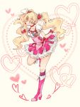  1girl blonde_hair boots choker cure_peach dress earrings fresh_precure! frilled_skirt frills hair_ornament happy heart high_heels hirokabii jewelry knee_boots kneehighs long_hair looking_at_viewer magical_girl momozono_love open_mouth pink_dress pink_eyes pink_legwear precure puffy_sleeves sketch skirt smile solo standing standing_on_one_leg twintails wink wrist_cuffs 