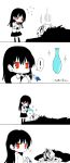  ! 1boy 1girl 4koma bangs black_hair blue_rose chibi collared_shirt comic divetoxx ears flower garry_(ib) ib ib_(ib) jpeg_artifacts long_hair lying monochrome pouring red_eyes red_rose rose skirt socks sparkle speech_bubble sweat thigh-highs translation_request vase water wet wet_hair 