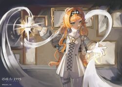  1girl :d absurdres braid casting_spell checkered_hairband commentary copyright_name cowboy_shot dress energy english_commentary glass_pen gloves green_eyes haenim124 hairband high_collar highres holding holding_pen logo long_hair looking_to_the_side magic open_mouth orange_hair pants pants_under_dress pen picture_frame reverse:1999 short_dress single_braided_sidelock smile solo sonetto_(reverse:1999) twitter_username two_side_up white_dress white_gloves white_pants 