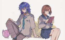  1boy 1girl absurdres aqua_streaks asymmetrical_hair bandaged_arm bandaged_neck bandages bandaid bandaid_on_finger bandaid_on_hand bloomfesruii blue_necktie blue_sailor_collar blue_sky bob_cut breast_pocket brown_eyes brown_hair bush closed_mouth commentary diagonal-striped_clothes diagonal-striped_necktie drawing_(action) english_commentary gauze gauze_on_cheek grey_pants grid_print hand_on_own_knee highres holding holding_notebook holding_pencil kamishiro_rui kamishiro_rui_(middle_school) knee_up long_sleeves looking_down loose_necktie medium_hair multicolored_hair necktie notebook object_in_pocket one_side_up pants pen_in_pocket pencil pleated_skirt pocket project_sekai puffy_long_sleeves puffy_sleeves purple_hair robot sailor_collar school_uniform serafuku shinonome_ena shirt sitting skirt sky sleeve_rolled_up streaked_hair striped_clothes striped_necktie undershirt white_background white_shirt yellow_eyes 