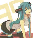  1girl 39 aqua_eyes aqua_hair hatsune_miku kouga_228 long_hair necktie open_mouth skirt smile solo thighhighs twintails vocaloid 