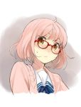  1girl blush bust cardigan glasses kuriyama_mirai kyoukai_no_kanata pink_hair red-framed_glasses sasamori_tomoe school_uniform serafuku short_hair solo sweatdrop yellow_eyes 