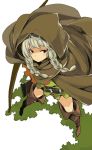  1girl belt black_eyes boots bow_(weapon) braid cloak dragon&#039;s_crown elf_(dragon&#039;s_crown) from_above hood imigimuru silver_hair solo thigh_boots thighhighs twin_braids weapon 