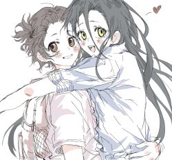  2girls arm_around_another's_waist arms_around_neck backpack bag black_hair blush braid braided_bangs brown_eyes brown_hair child chinese_commentary commentary_request highres hug kamisaki_hikaru long_hair medalist_(manga) multiple_girls short_hair smile xinjinjumin863176865511 yellow_eyes yuitsuka_inori yuri 