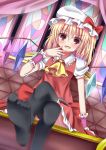  1girl ascot black_legwear blonde_hair blush couch crystal curtains esureki fangs flandre_scarlet hat open_mouth red_eyes ribbon short_hair side_ponytail sitting skirt smile solo stained_glass thighhighs touhou vest wings 