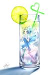  1girl absurdres blue_eyes blue_hair bow cirno dress dress_shirt drinking_straw food fruit glass hair_bow highres ice ice_wings in_container lemon lemon_slice minigirl open_mouth ribbon shirt short_hair signature smile solo touhou wings yomi_yasou 