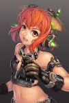  1girl :d bandeau belt breasts bullet gloves glowing goggles goggles_around_neck headgear headset jak light_particles magazine_(weapon) open_mouth orange_eyes orange_hair simple_background smile unzipped 
