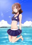  1girl bikini bikini_skirt brown_eyes brown_hair glasses gundam gundam_build_fighters hairband kneeling kousaka_china kunney short_hair swimsuit 