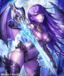  armor bikini_armor breasts chain cleavage demon_wings elbow_gloves esphy eyepatch gate_of_dimension gloves large_breasts long_hair navel official_art pink_eyes purple_hair sword thighhighs weapon wings 