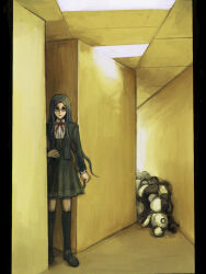  1girl backrooms_(creepypasta) black_shoes black_socks blazer blue_eyes blue_hair bow bowtie ceiling ceiling_light character_doll collared_shirt commentary danganronpa_(series) danganronpa_v3:_killing_harmony doll english_commentary fluorescent_lamp full_body glasses hand_on_own_hip high-waist_skirt highres horror_(theme) indoors jacket kneehighs laaastik1 light_smile long_hair long_skirt long_sleeves mary_janes monokuma orange_bow orange_bowtie shirogane_tsumugi shirt shoes skirt smile socks solo tile_ceiling tiles white_shirt wide_shot 