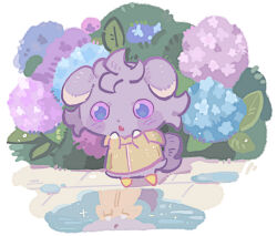  arms_up blush_stickers boots bush clothed_pokemon coat commentary dot_nose espurr fang flower hands_on_own_cheeks hands_on_own_face highres leaf open_mouth outdoors plant pokemon pokemon_(creature) pokemon_focus puddle raincoat reflection reflective_liquid rubber_boots standing sugaraxolotl untranslatable_commentary water white_background yellow_raincoat 