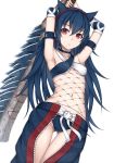  1girl animal_ears armband armpits arms_up black_hair breasts detached_sleeves fishnets heisei_yutorin long_hair monster_hunter_4 nargacuga_(armor) navel panties red_eyes solo thigh_gap underwear very_long_hair weapon 