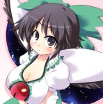  1girl black_hair blush bow breasts brown_eyes cape cleavage hair_bow large_breasts looking_at_viewer masara reiuji_utsuho solo third_eye touhou wings 