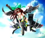  1girl alternate_costume bikini black_legwear bomb bow breasts brown_hair f-15 goggles goggles_on_head green_bikini hair_bow long_hair mecha_musume red_eyes reiuji_utsuho solo swimsuit thigh-highs touhou wings 