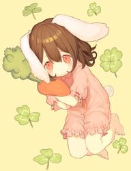  1girl animal_ears brown_hair carrot clover clover_(flower) hug inaba_tewi misoni_comi rabbit_ears red_eyes solo tears touhou 