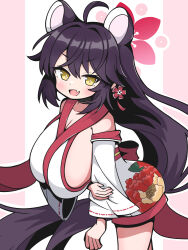   1girl ahoge animal_ears arm_under_breasts black_choker blue_archive blush breasts choker commentary_request detached_sleeves fang flower_halo hair_down hair_ornament halo hand_on_own_arm highres huge_breasts japanese_clothes kaede_(blue_archive) kimono long_hair nontraditional_miko obi official_alternate_costume official_alternate_hairstyle open_mouth oppai_loli outside_border pillarboxed pink_halo raccoon_ears raccoon_girl red_sash sash sideboob sideless_kimono simple_background skin_fang sleeveless sleeveless_kimono solo swallow_leftyp two-tone_background v-shaped_eyebrows very_long_hair white_background wide_sleeves yellow_eyes