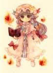  1girl book bow crescent deformed fire hair_bow hat long_hair mabiko patchouli_knowledge purple_hair solo touhou traditional_media violet_eyes watercolor_(medium) 