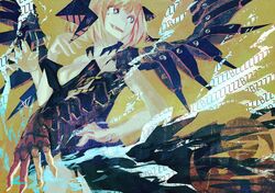  1girl blonde_hair breasts demon demon_horns demon_wings hand_on_hip horns open_mouth original sharp_teeth short_hair total wings 