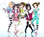  5girls akiyama_mio alternate_costume alternate_hairstyle animal_ears black_eyes black_hair blonde_hair blue_eyes braid brown_eyes brown_hair highres hirasawa_yui k-on! kotobuki_tsumugi long_hair marmalade_(elfless_vanilla) multiple_girls nakano_azusa overalls rabbit_ears short_hair side_ponytail striped striped_legwear tainaka_ritsu tea_set thighhighs twin_braids twintails 