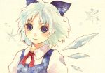  1girl blue_eyes bow cirno hair_bow ice ice_wings lowres mabiko short_hair silver_hair snowflakes solo touhou traditional_media watercolor_(medium) wings 