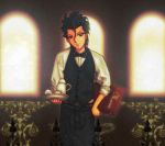  1boy apron belt black_hair bowtie dress_shirt fate/zero fate_(series) hair_between_eyes hand_on_hip indoors lancer_(fate/zero) light_particles menu messy_hair mole najisa red_eyes shirt sleeves_pushed_up smile solo sunlight tea_set tray vest waiter window 