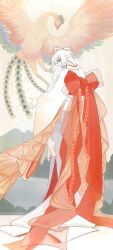  1girl alternate_costume beak bird bird_legs bird_tail closed_eyes cloud_print clouds commentary_request crest feathers floating_hair forest frilled_kimono frills fujiwara_no_mokou green_feathers hair_ribbon highres invisible_chair japanese_clothes jieum kimono lake large_ribbon long_hair looking_to_the_side mountain nature ofuda ofuda_on_head phoenix red_eyes red_feathers red_ribbon red_wings ribbon sitting smoke tail touhou transparent_ribbon tree very_long_hair volcano waist_ribbon white_hair white_kimono white_ribbon wide_sleeves wings 
