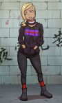  1girl blonde_hair blush boots breasts brick_wall dark_skin earrings fashion graffiti habatakuhituji hoodie jewelry kogal lipstick long_hair makeup onoda_yasuri original partially_shaved purple_lipstick solo 