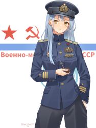  1girl absurdres black_pants blue_hair blue_hat blue_ribbon chinese_commentary commentary cowboy_shot english_commentary flag_background green_eyes hand_in_pocket hat highres holding holding_smoking_pipe leochan1202 long_hair long_sleeves looking_at_viewer medal military military_rank_insignia military_uniform mixed-language_commentary multilingual_commentary naval_dress_uniform naval_uniform original pants peaked_cap ribbon shoulder_boards smile smoking_pipe solo soviet_navy soviet_navy_flag twitter_username white_background world_war_ii 
