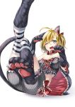  1girl animal_ears bare_shoulders blonde_hair blue_eyes blush cat_ears cat_paws cat_tail collar kyon_(fuuran) looking_at_viewer open_mouth original paws short_hair smile solo tail thighhighs wink 