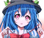  1girl blue_hair bow bust face food fruit gradient gradient_background hat hinanawi_tenshi looking_at_viewer open_mouth peach pink_background pink_eyes solo touhou velia 