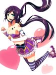  bare_shoulders bow breasts cheerleader cleavage elbow_gloves fingerless_gloves gloves green_eyes headset heart inline_skates large_breasts long_hair love_live!_school_idol_project midriff ponkotsu_(ayarosu) purple_hair roller_skates skates skirt star striped striped_legwear thighhighs toujou_nozomi twintails zettai_ryouiki 