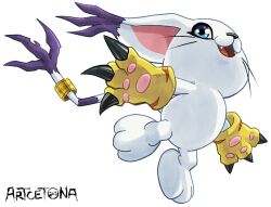  animal_hands artcetona artist_name blue_eyes cat commentary_request digimon digimon_(creature) from_below full_body gloves paw_gloves simple_background tail tail_ornament tail_ring tailmon white_background 
