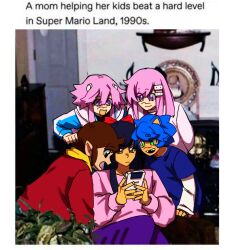  2boys 3girls alex_kidd alex_kidd_(character) animal_ears black_hair blue_hair bow brown_eyes brown_hair commentary_request crossover english_text game_boy game_boy_(original) green_eyes hair_ornament handheld_game_console hedgehog_boy highres humanization long_hair long_sleeves medium_hair multiple_boys multiple_girls nepgear neptune_(neptunia) neptune_(series) open_mouth purple_hair ramya_uwu real_life_insert ribbon sakura_taisen shinguuji_sakura short_hair sidelocks sonic_(series) sonic_the_hedgehog spanish_commentary violet_eyes 