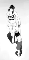  barefoot black_hair fingerless_gloves gloves greyscale hanakaku highres ishido_natsuo lazerbem midriff mixed_martial_arts mma_gloves monochrome ponytail shadow short_hair shorts sports_bra tall_female teppu 