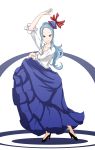  adapted_costume alternate_hairstyle artist_request dancer flamenco forehead formal frilled_sleeves kamishirasawa_keine long_hair pose samba simple_background smile solo touhou 