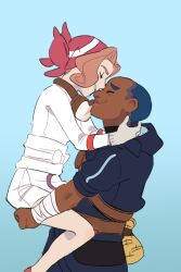  1boy 1girl absurdres blue_background blue_hair brown_hair carrying carrying_person closed_eyes commentary dark-skinned_male dark_skin diamond_clan_outfit english_commentary gloves goggles goggles_on_head grey_gloves hetero highres iscan_(pokemon) palina_(pokemon) pearl_clan_outfit pokemon pokemon_legends:_arceus red_eyes simple_background smile tvheadfalls 