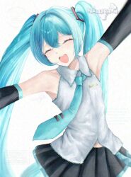  1girl absurdres arm_up armpits artist_logo bare_shoulders black_skirt blue_hair blue_necktie closed_eyes collared_shirt commentary detached_sleeves english_commentary hair_between_eyes hair_ornament happy hatsune_miku highres logo long_hair necktie open_mouth pleated_skirt shirt simple_background skellychan skirt smile solo twintails upper_body vocaloid watermark white_background white_shirt 