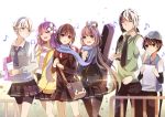  2boys 4girls ahoge bag bike_shorts black_eyes black_hair blue_eyes flower green_eyes guitar hair_flower hair_ornament hat instrument long_hair luo_tianyi messenger_bag mo_qingxian multiple_boys multiple_girls musical_note necktie paper purple_hair red_eyes short_hair shoulder_bag skirt smile vocaloid vocaloid_china white_hair xiao_guiling yan_he yuezheng_ling yuezheng_longya zhiyu_moke 