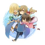  1girl 2boys anise_tatlin blonde_hair blue_background blue_legwear boots brown_hair closed_eyes coat doll gift glasses glomp gloves happy_birthday hug jade_curtiss maora_otou multiple_boys peony_ix red_eyes short_hair smile tales_of_(series) tales_of_the_abyss thigh_boots thighhighs tokunaga twintails white_legwear 