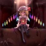  1girl ascot black_legwear blonde_hair blush chain crystal damaged flandre_scarlet hat highres minust puffy_sleeves red_eyes ribbon ruins short_hair side_ponytail skirt solo thigh-highs touhou vest wings 