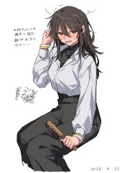  2girls black_hair black_pants black_undershirt blush bracelet closed_eyes coat hair_brush heart-shift_bracelets high-waist_pants highres holding holding_hair_brush jewelry looking_at_viewer messy_hair momijiyama_mei momijiyama_teru multiple_girls n-villio open_mouth pants red_eyes short_hair shy_(series) siblings simple_background sisters sweatdrop takatisakana teeth tongue translation_request white_background white_coat yawning 