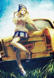  bangs blonde_hair bracelet car grass hat high_heels jewelry long_hair motor_vehicle necklace original pose red_eyes skirt smile sunlight tank_top total vehicle 