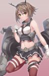  1girl bare_shoulders breasts brown_hair gloves headgear kantai_collection large_breasts looking_at_viewer midriff mutsu_(kantai_collection) navel personification ray-akila red_legwear short_hair skirt solo thighhighs white_gloves 
