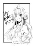  1girl ;) ahoge alternate_costume blush breasts detached_sleeves headgear kantai_collection kongou_(kantai_collection) long_hair monochrome open_mouth personification sakula sketch solo translation_request wink 